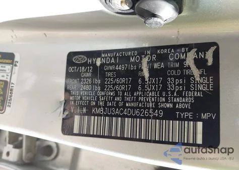 2013 Hyundai Tucson Gls z USA, uszkodzony, nr VIN KM8JU3AC4DU626549